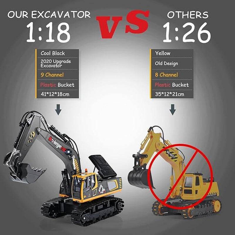 Kolegend Remote Control Excavator Toy 16 Inch, 11 Channel RC Construction Vehicles Hydraulic Haulers Digger Toys Gift for 6 7 8 9 10 Years Old Kids Boys