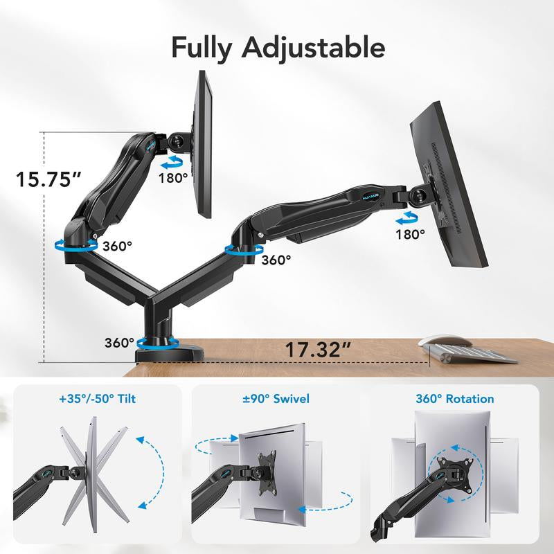 HUANUO Dual/Single Monitor Stand - Grommet Mounting Base for 13''-32'' Screens - Each Arm Holds 4.4 to 19.8Lbs-Full Adjustable Monitor Desk Mount Swivel Vesa Bracket with C Clamp#Tiktokshopblackfriday