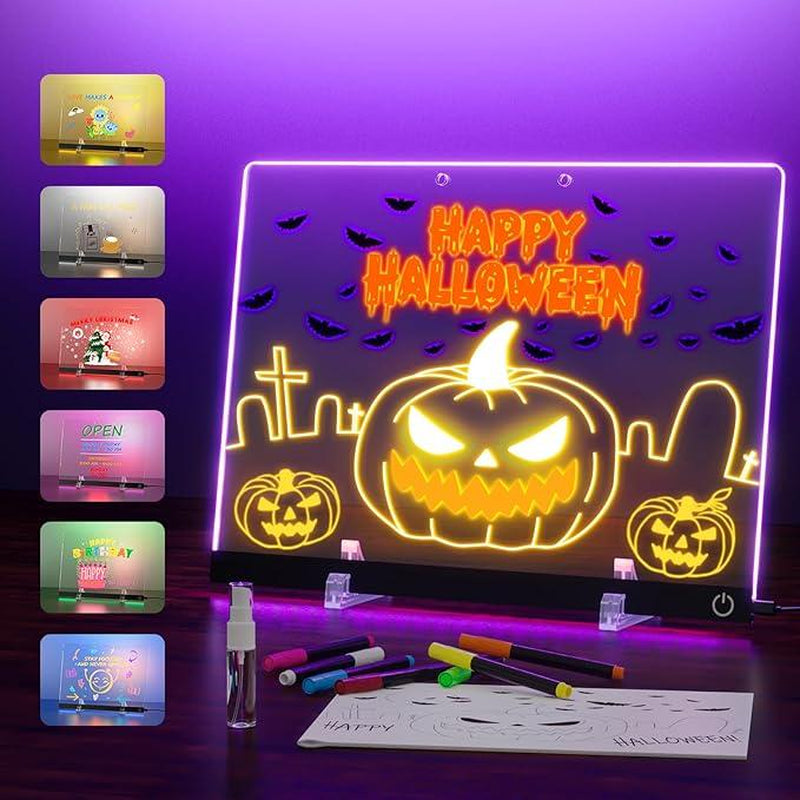 Upgraded Neon Drawing Board for Kids, Acrylic Dry Erasable Glowing Board with Stand, Markers, Cleaning Cloth, Tracing Paper, Erasable and Reusable, Children'S Learning Gift, Birthday, Halloween, Christmas Decoration, Neon Sign