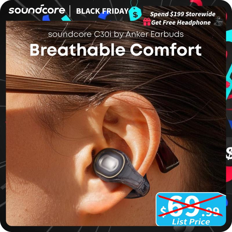 [Tiktokshopblackfriday] Soundcore C30I by Anker, Open-Ear Earbuds, Clip-On Headphones, Lightweight Comfort, Small-Ear Friendly, Stable Fit, Firm-Shell Design, Attachable Ear Grips, Big Drivers for Clear Audio, 30H Play, IPX4