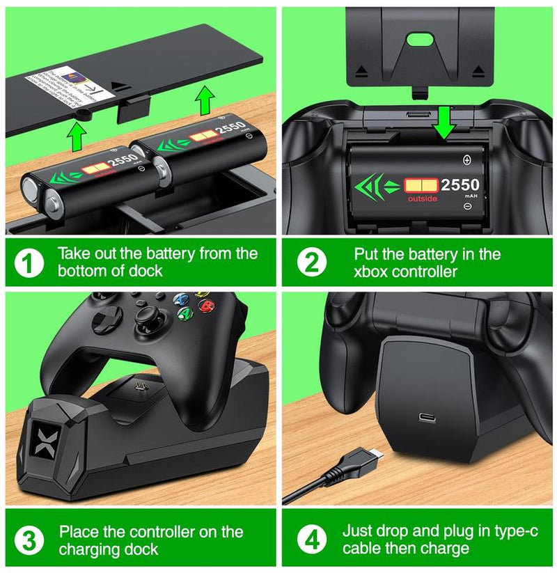 BEBONCOOL Xbox Controller Charger Station with 2X2550Mah Rechargeable Battery Packs & 4 Covers - Dual Charging Dock for Xbox One/Series X|S Controller
