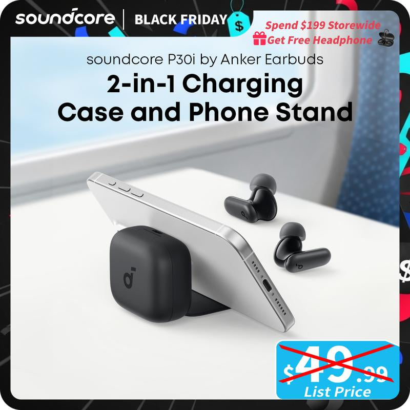 [Tiktokshopblackfriday] Soundcore P30I by Anker Noise Cancelling Earbuds, Strong and Smart Noise Cancelling, Powerful Bass, 45H Playtime, 2-In-1 Case and Phone Stand, IP54, Wireless Earbuds, Bluetooth 5.4