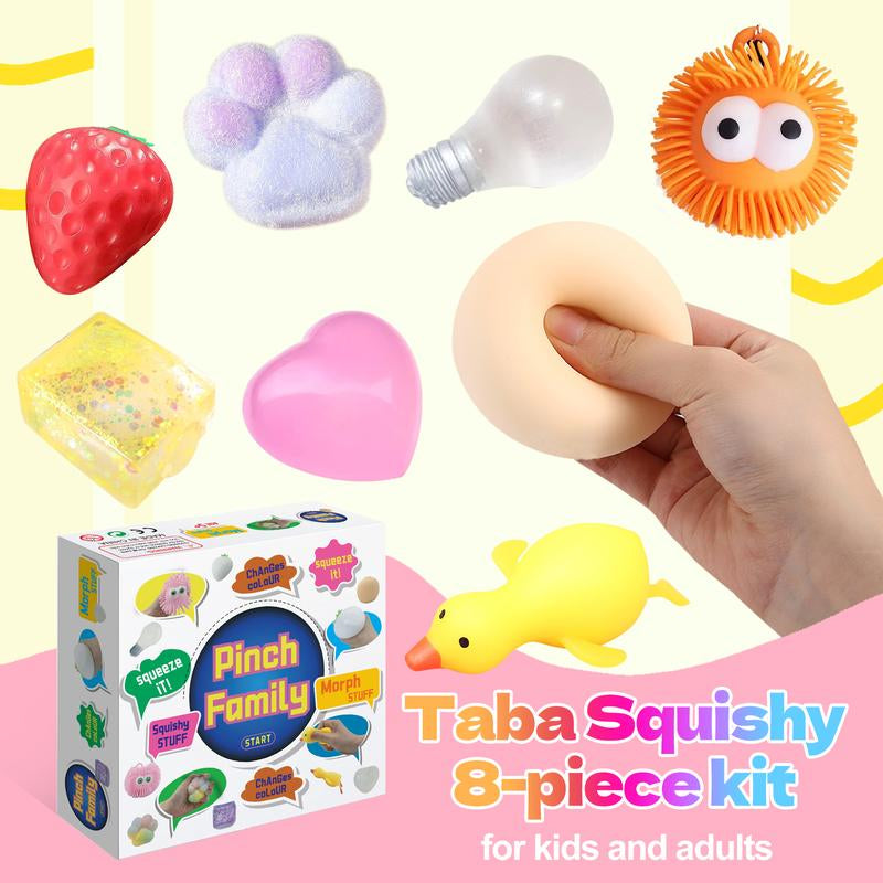 Pinch Family 8-Piece Taba Squishy Kit for Kids & Adults Cute Stress Relief Soft Toys to Relieve Anxiety and Stress Christmas Gifts Squeezing