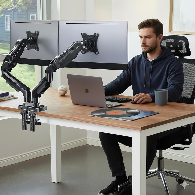 HUANUO Dual/Single Monitor Stand - Grommet Mounting Base for 13''-32'' Screens - Each Arm Holds 4.4 to 19.8Lbs-Full Adjustable Monitor Desk Mount Swivel Vesa Bracket with C Clamp#Tiktokshopblackfriday
