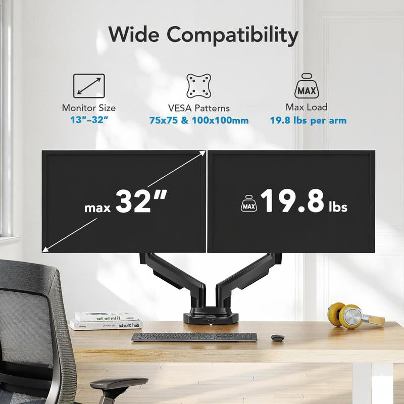 HUANUO Dual/Single Monitor Stand - Grommet Mounting Base for 13''-32'' Screens - Each Arm Holds 4.4 to 19.8Lbs-Full Adjustable Monitor Desk Mount Swivel Vesa Bracket with C Clamp#Tiktokshopblackfriday